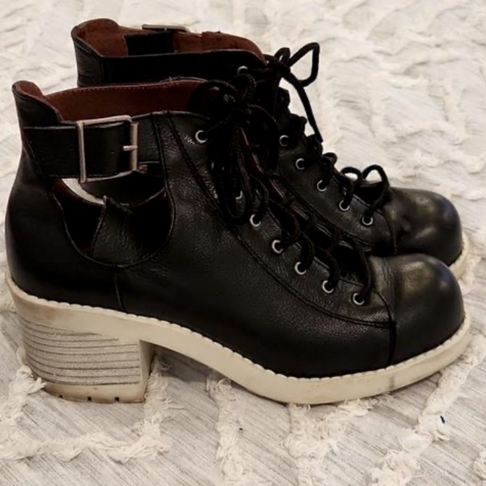 SixtySeven 67 Antropologie floater black and white leather heeled booties